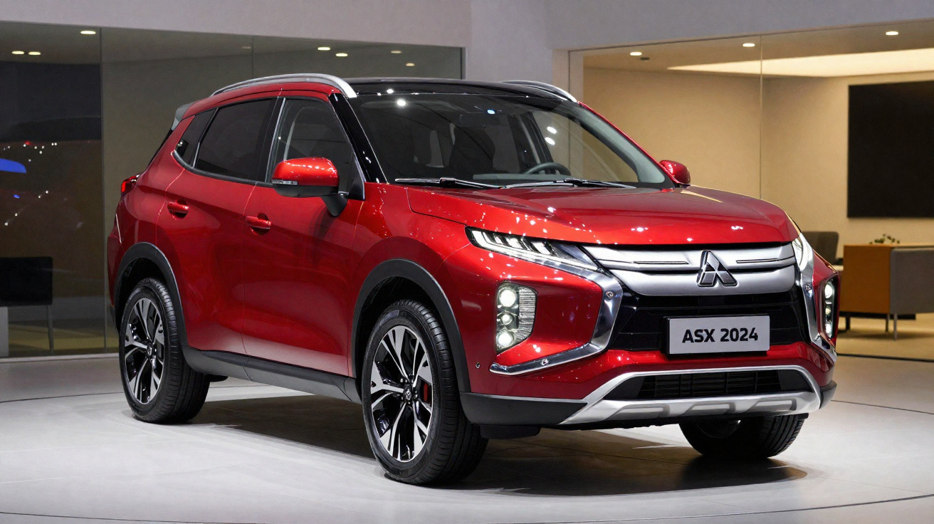 Red 2024 Mitsubishi ASX compact SUV displayed indoors with modern design and black alloy wheels.