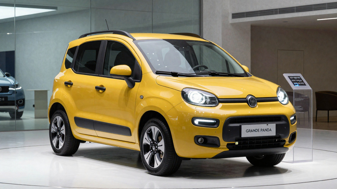Yellow Fiat Grande Panda compact car displayed indoors with lights on and informational stand nearby.