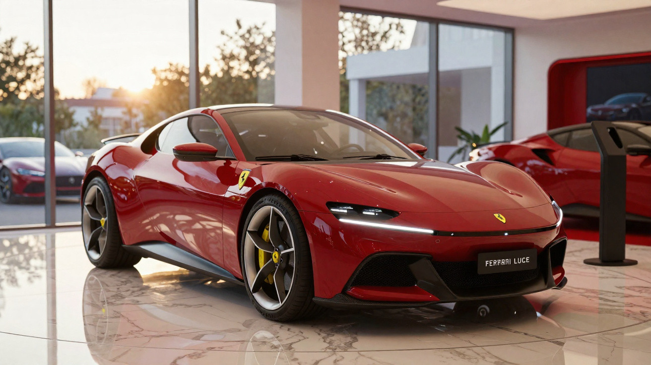 Red Ferrari Luce sports car displayed indoors with polished marble floor and large windows at sunset.