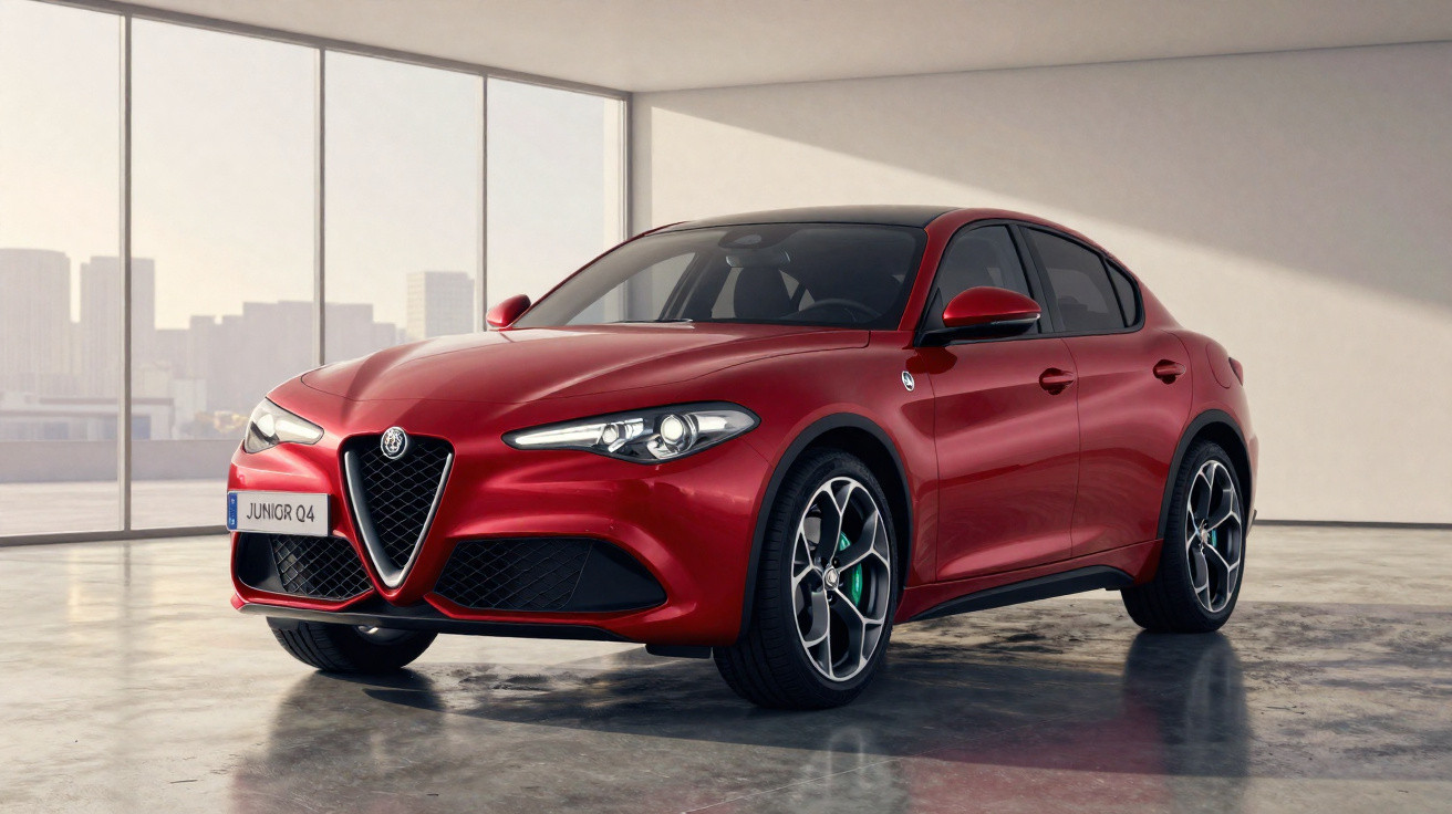 Red Alfa Romeo sedan parked indoors with cityscape visible through large windows.
