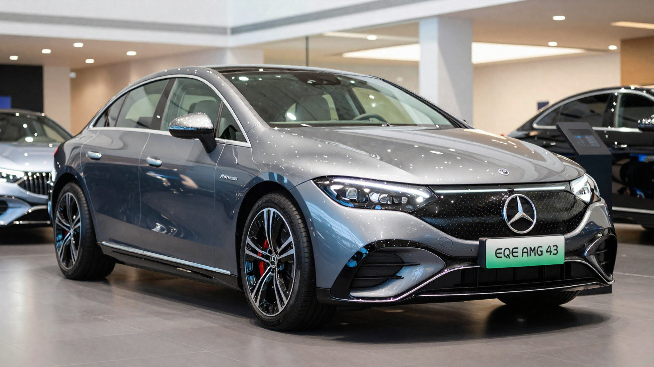 Silver Mercedes-Benz EQE AMG 43 electric car displayed in a showroom with sleek, modern design.
