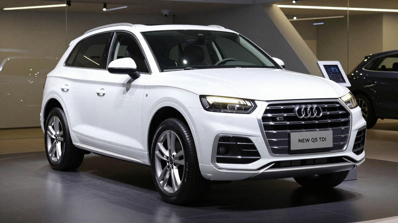 White Audi Q5 TDI luxury SUV displayed indoors with headlights on, viewed from front left angle.