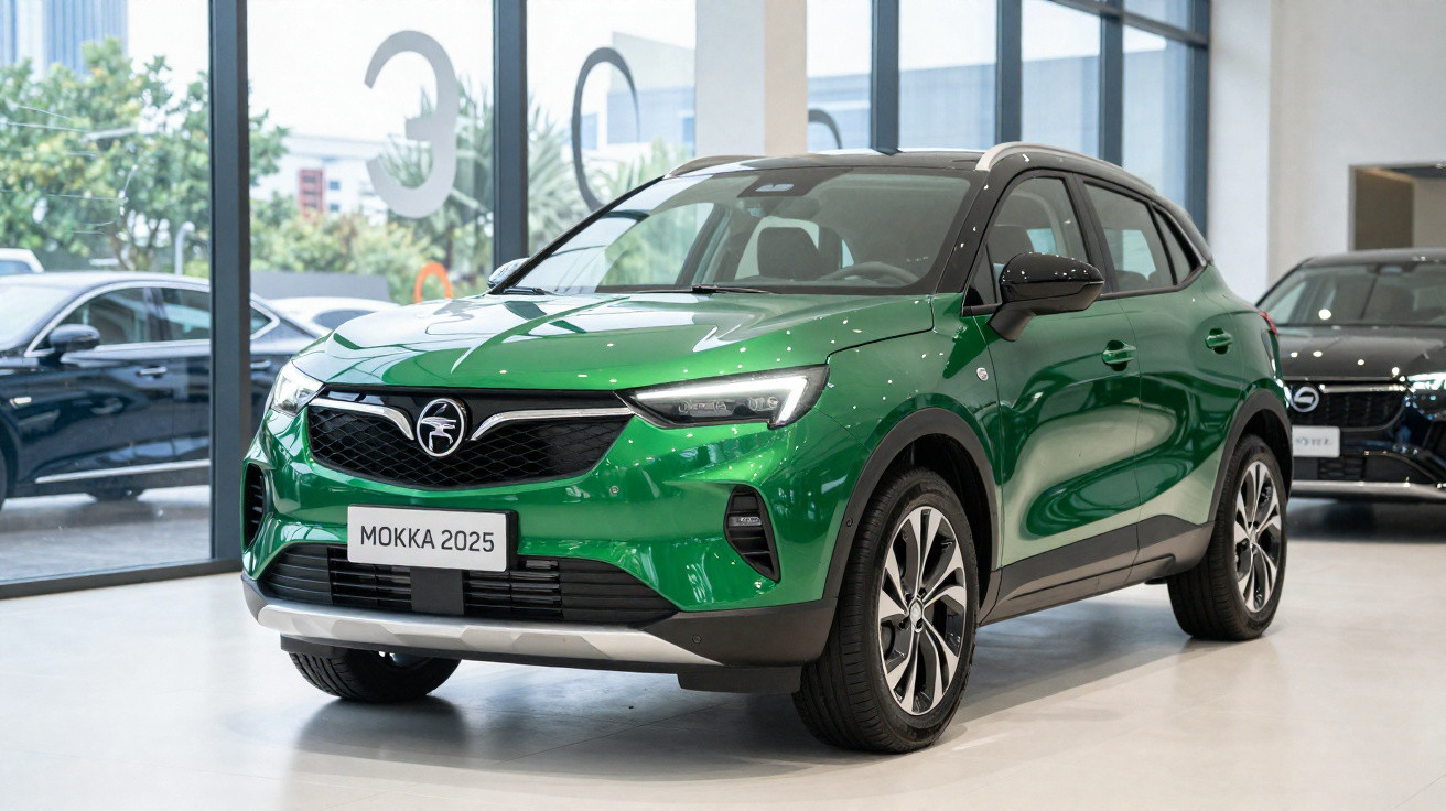 Green Opel Mokka 2025 model compact SUV displayed inside a modern car showroom.