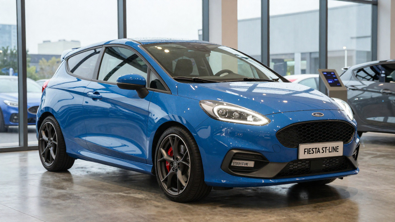 Blue Ford Fiesta ST-Line hatchback displayed indoors with black alloy wheels and modern headlights.