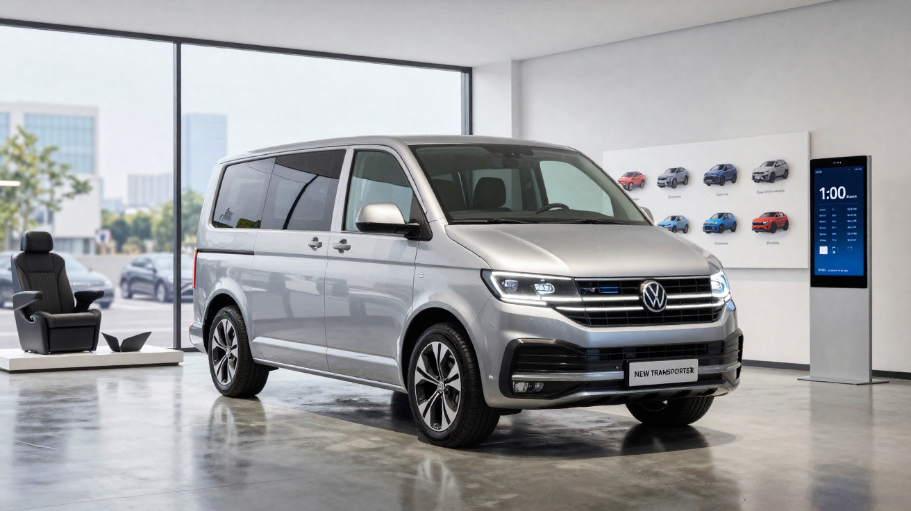 Silver Volkswagen New Transporter van displayed in a modern showroom with large windows and promotional displays.