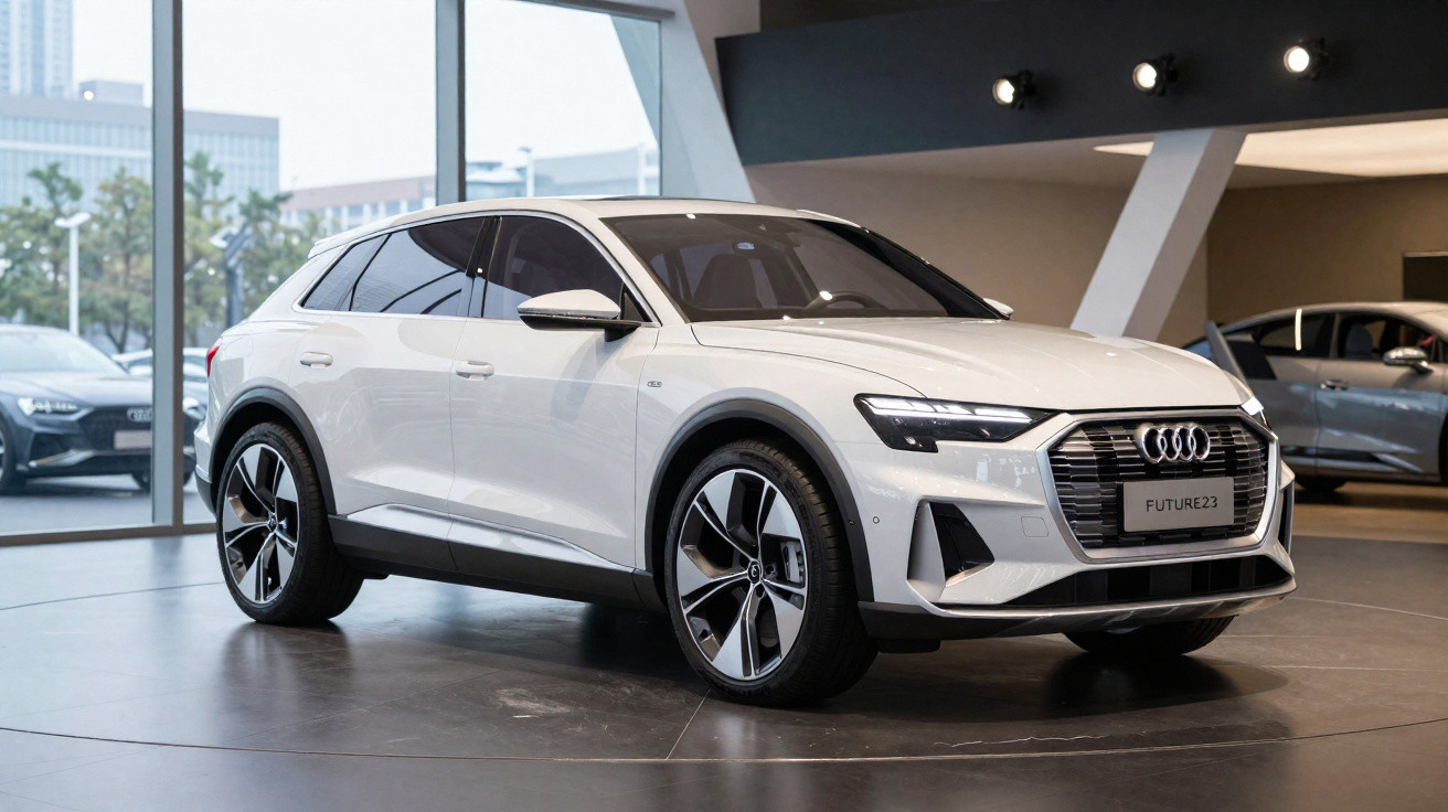 White Audi electric SUV displayed indoors with futuristic design and black tinted windows under showroom lights.