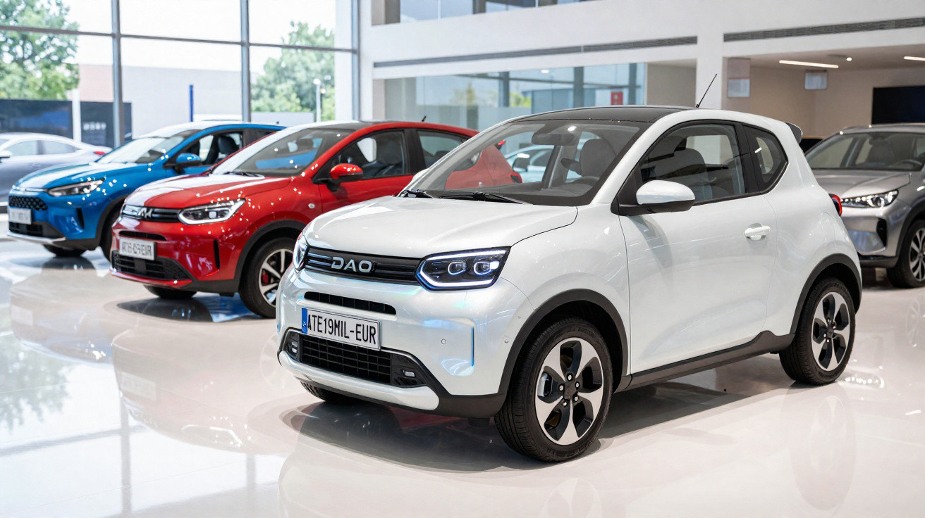 White compact electric car in a dealership showroom with red and blue vehicles in the background.