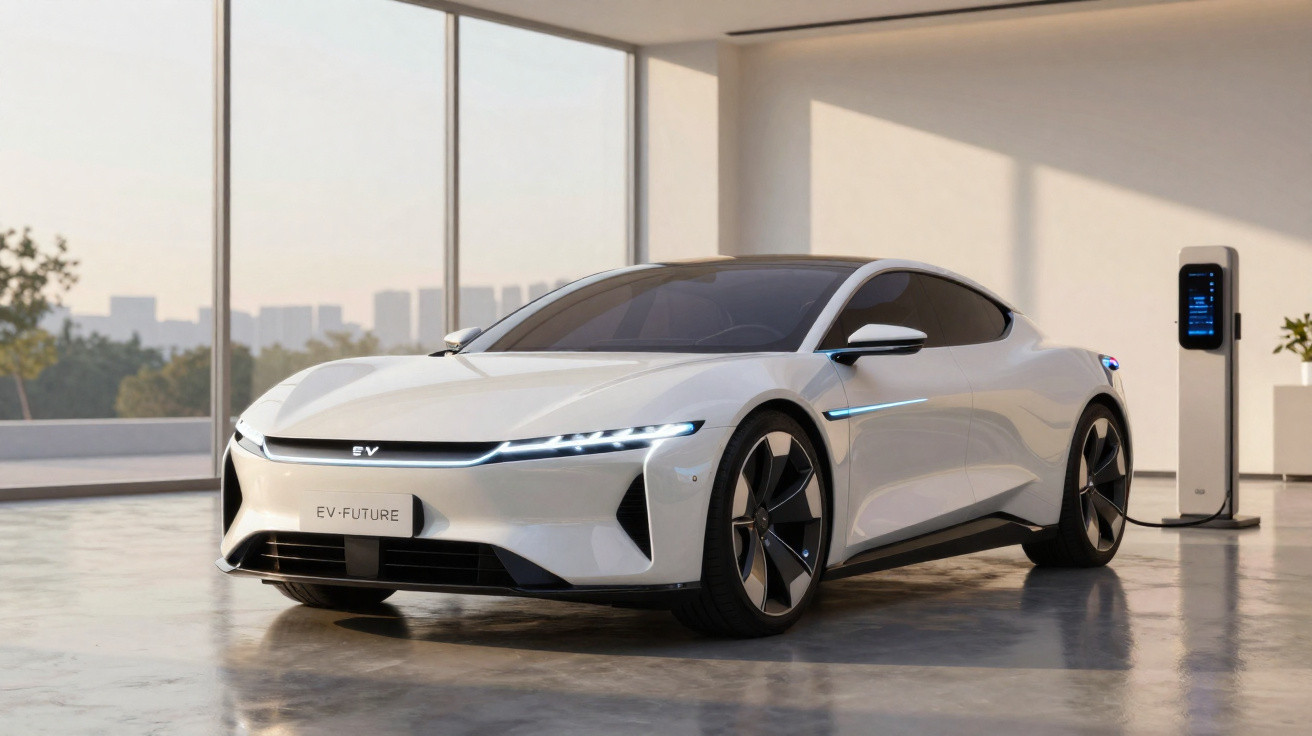 White futuristic electric car parked indoors next to a charging station with cityscape in background.