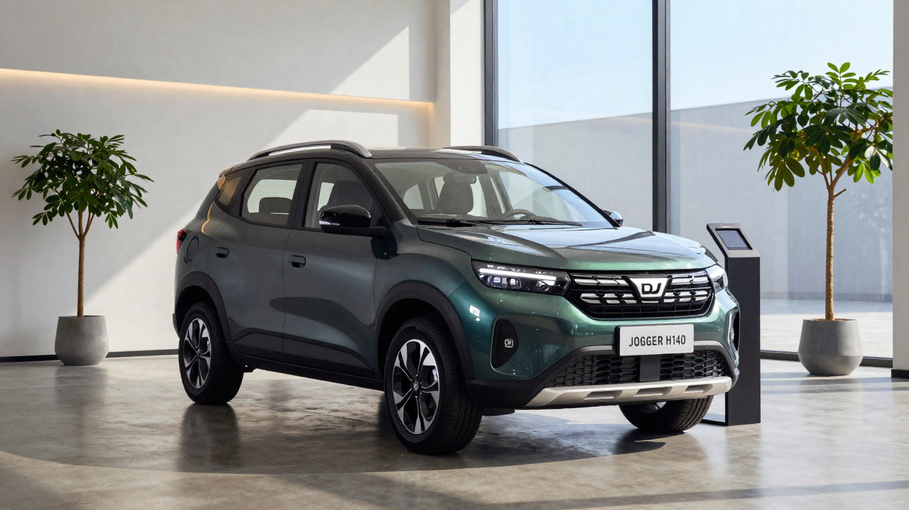 Dark green Dacia Jogger H140 SUV displayed indoors with modern decor and large windows.