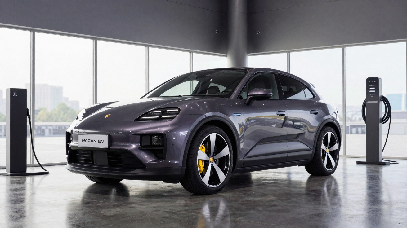 Grey Porsche Macan EV parked indoors between two electric vehicle charging stations.