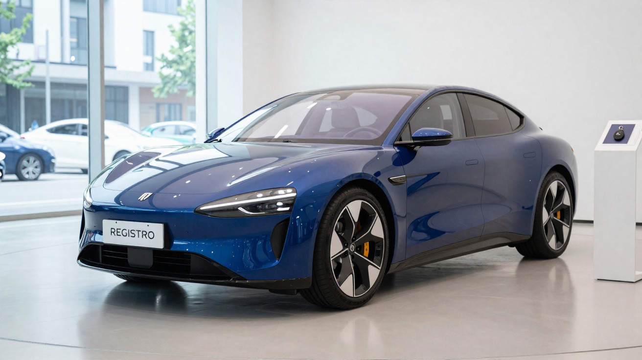 Blue electric sports sedan displayed in showroom with modern building visible outside windows.