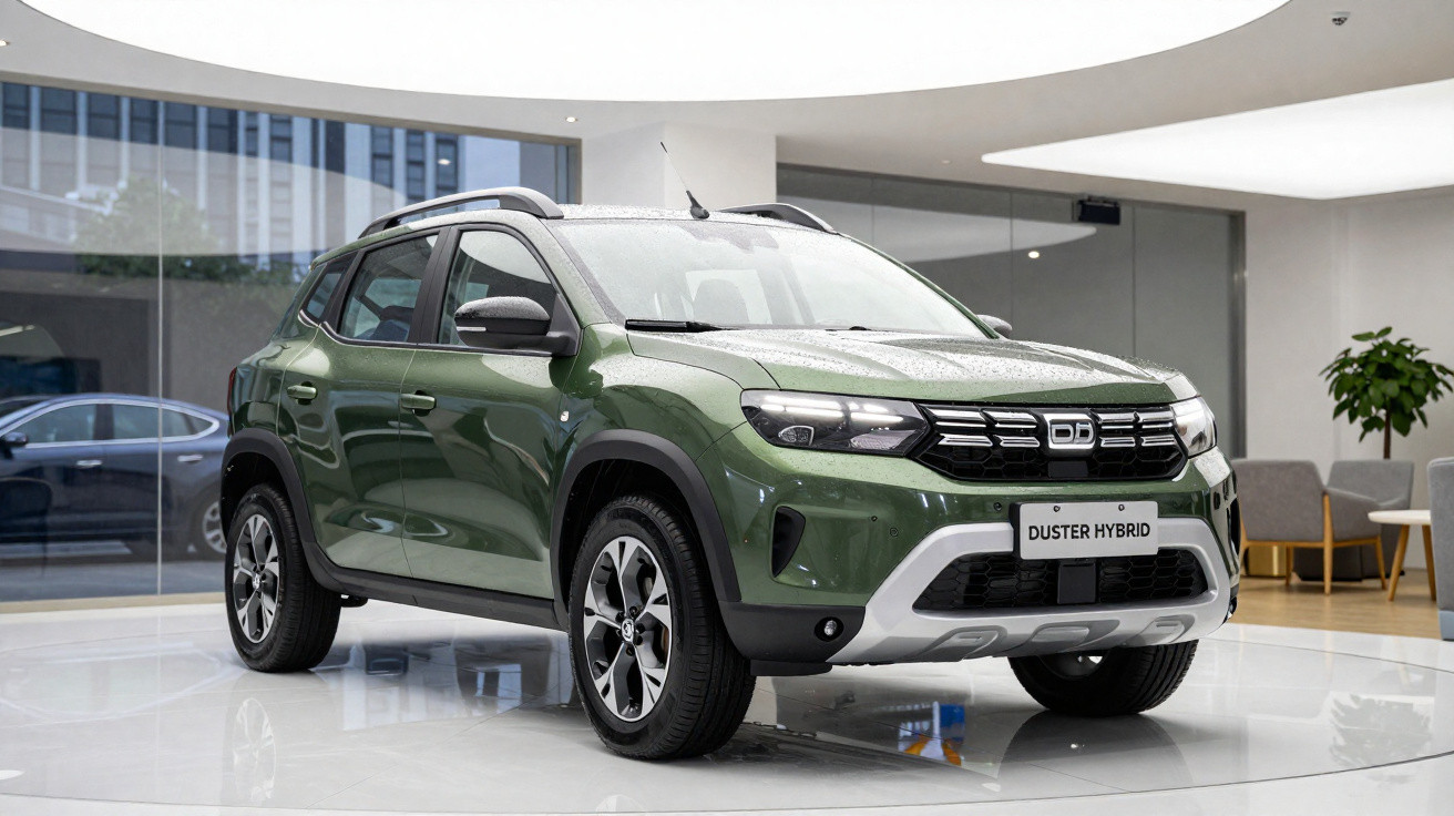 Green Dacia Duster Hybrid SUV on a glossy showroom floor with modern interior furnishings and glass walls.