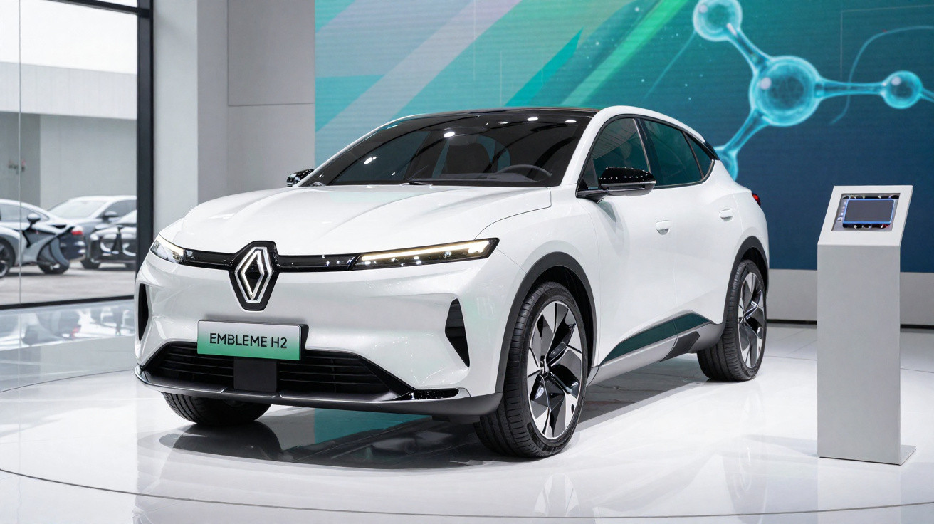 White Renault Embleme H2 electric concept car displayed in a modern showroom with digital screens in the background.