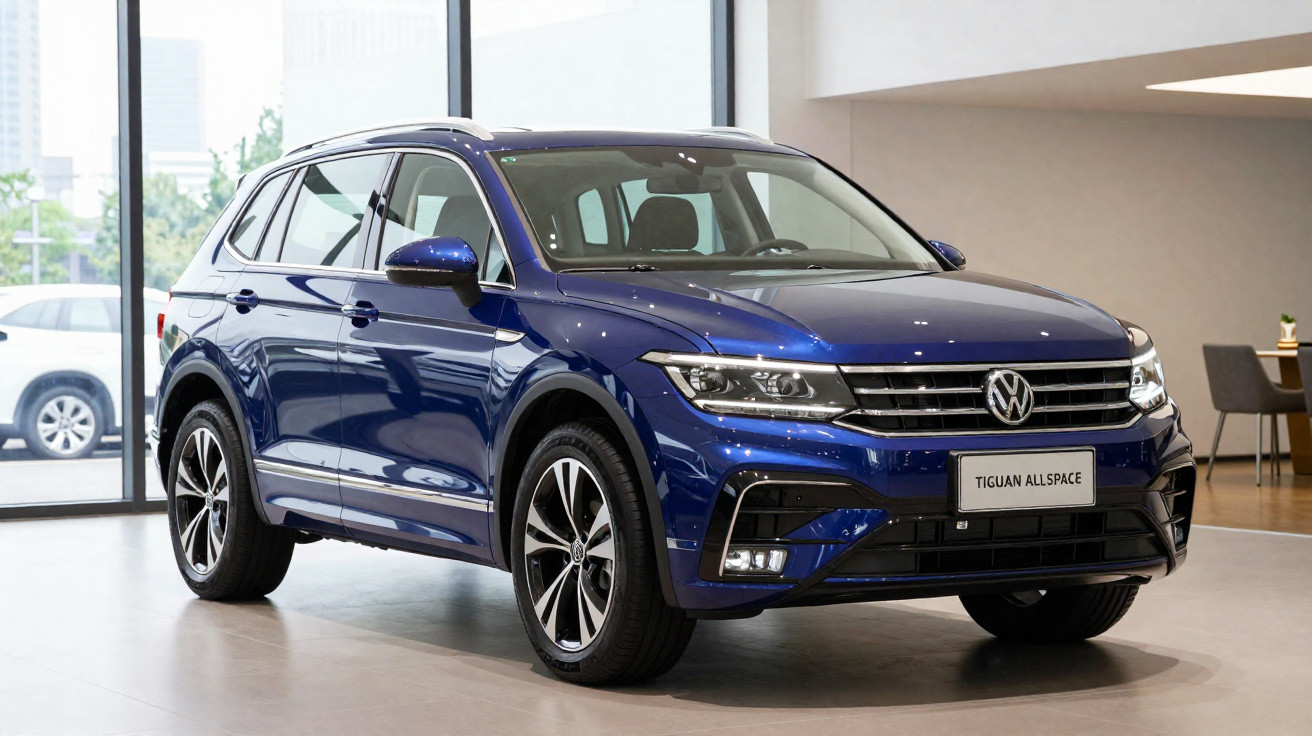 Blue Volkswagen Tiguan Allspace SUV displayed indoors with large windows and city view outside.