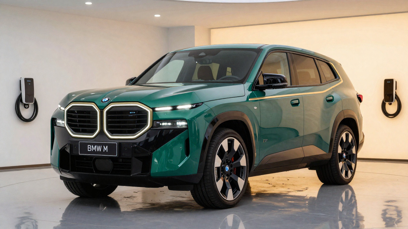 Green BMW M electric SUV parked indoors with wall-mounted charging stations visible behind it