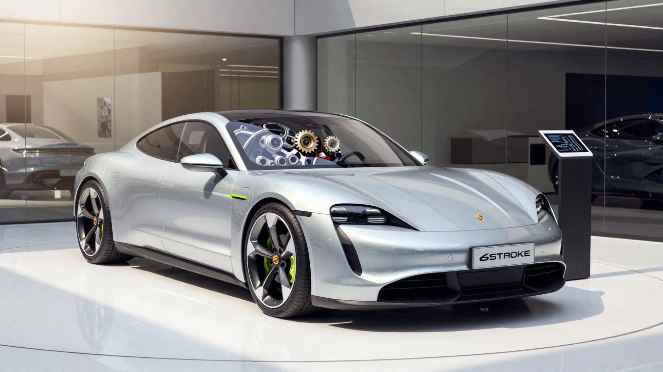 Silver Porsche 6 Stroke concept car displayed on showroom floor with gears visible inside the windshield.