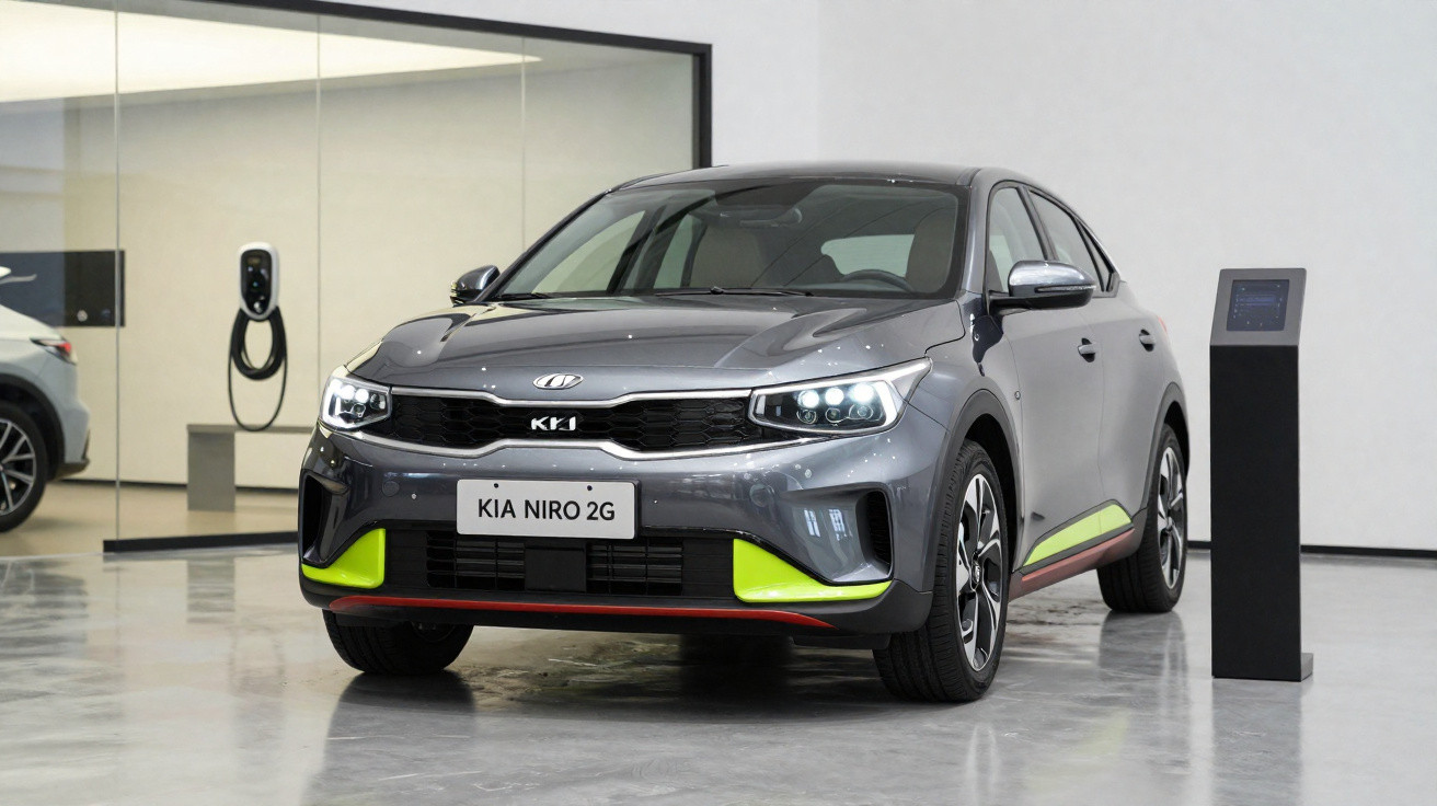Grey Kia Niro 2G electric car displayed indoors with headlights on and a charging station in the background.