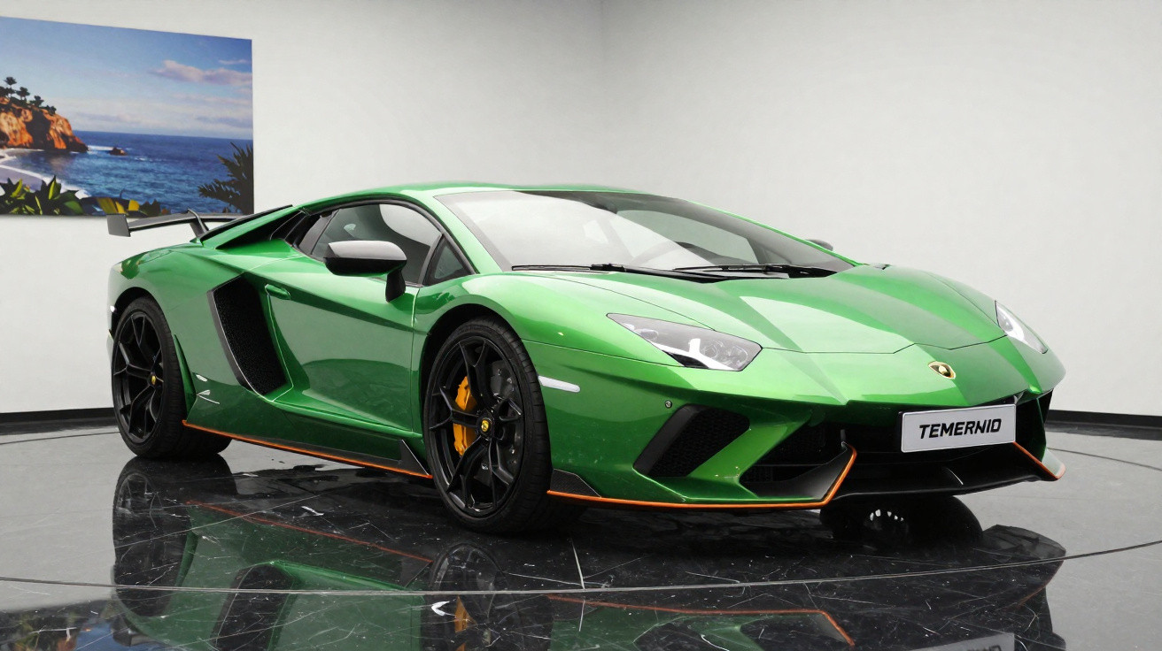 Green Lamborghini Aventador sports car parked indoors on glossy black floor with artwork on the wall behind.