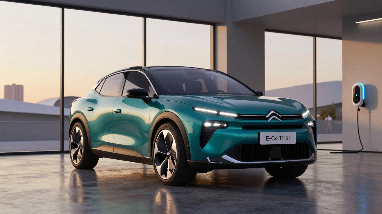Green Citroën E-C4 electric car parked indoors near a wall-mounted charging station at sunset.