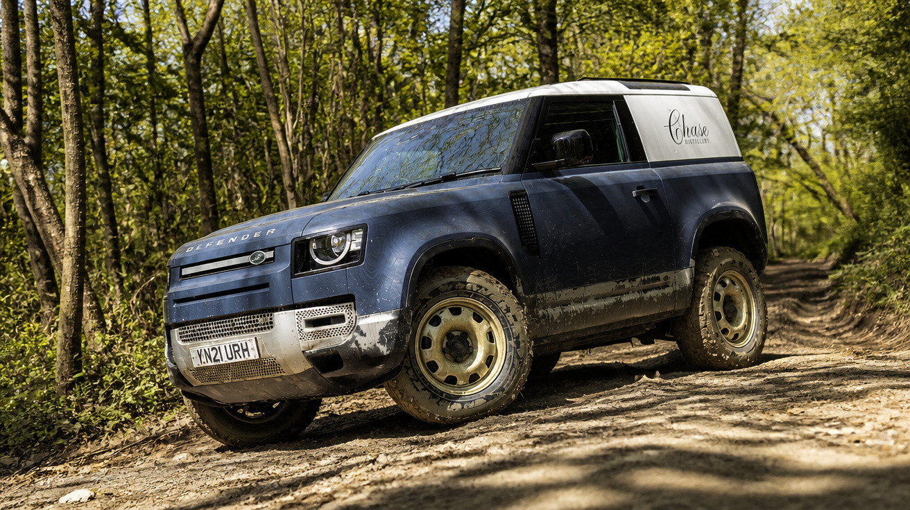 Blue Land Rover Defender with white roof and muddy tyres parked on a forest dirt path.