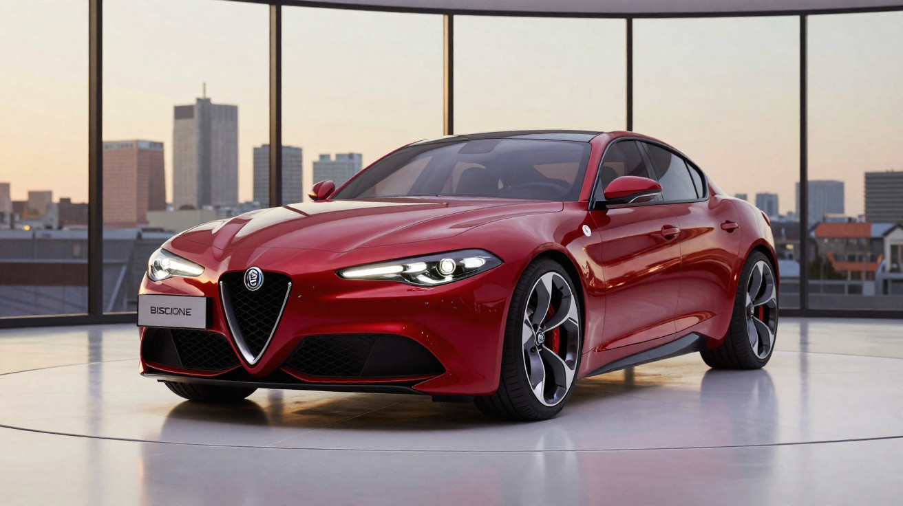 Red Alfa Romeo sports car inside a modern showroom with city buildings visible through large windows.