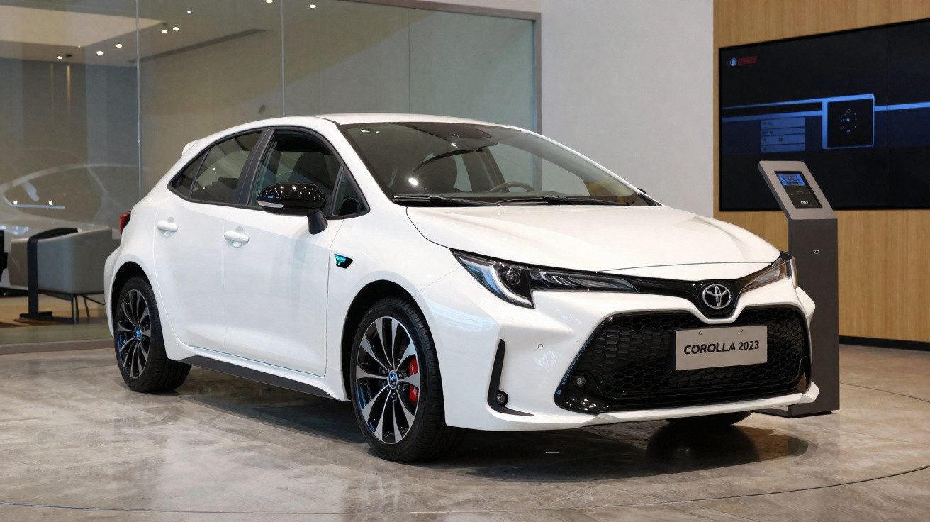 White 2023 Toyota Corolla hatchback displayed indoors with modern interior background.