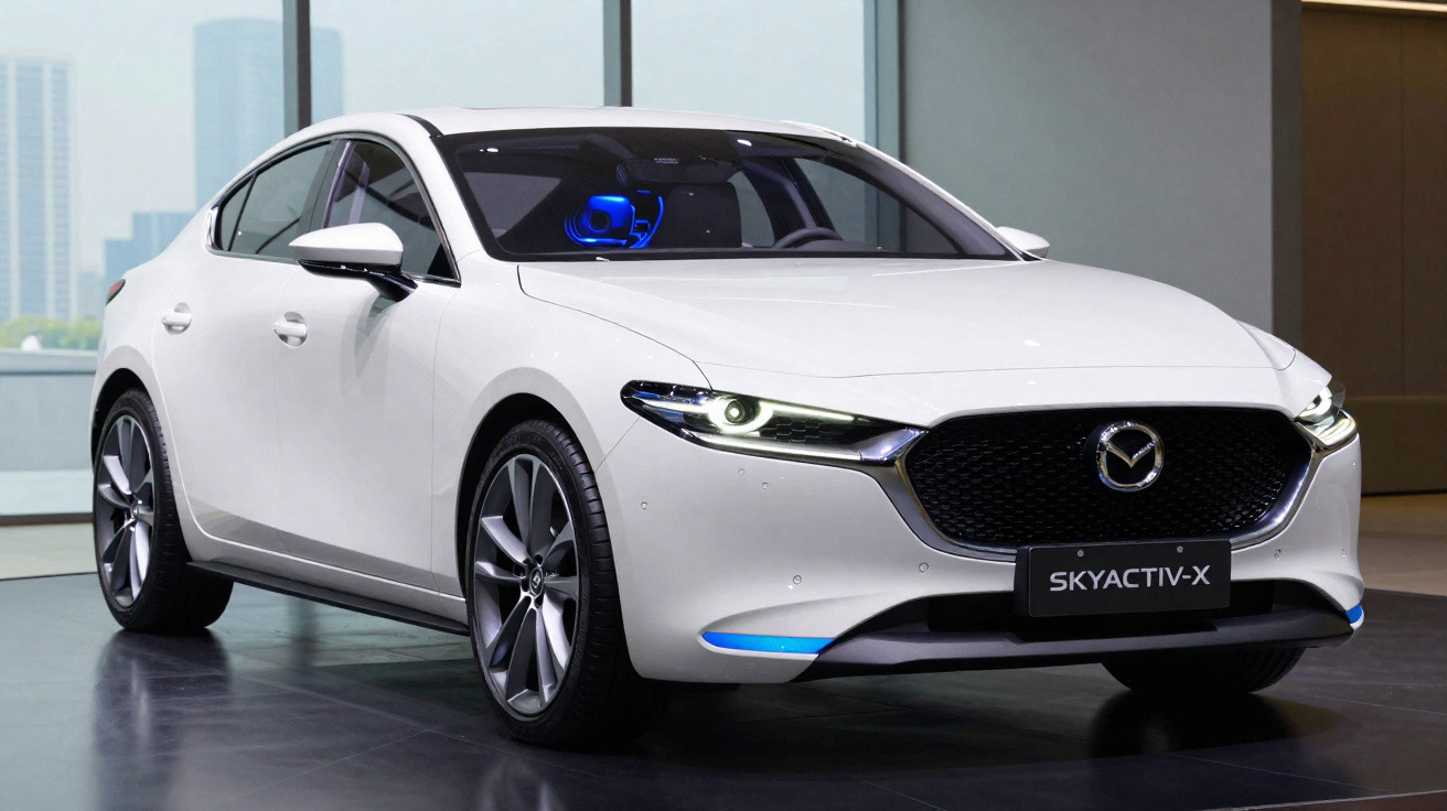 White Mazda sedan with SKYACTIV-X badge displayed indoors by large windows.