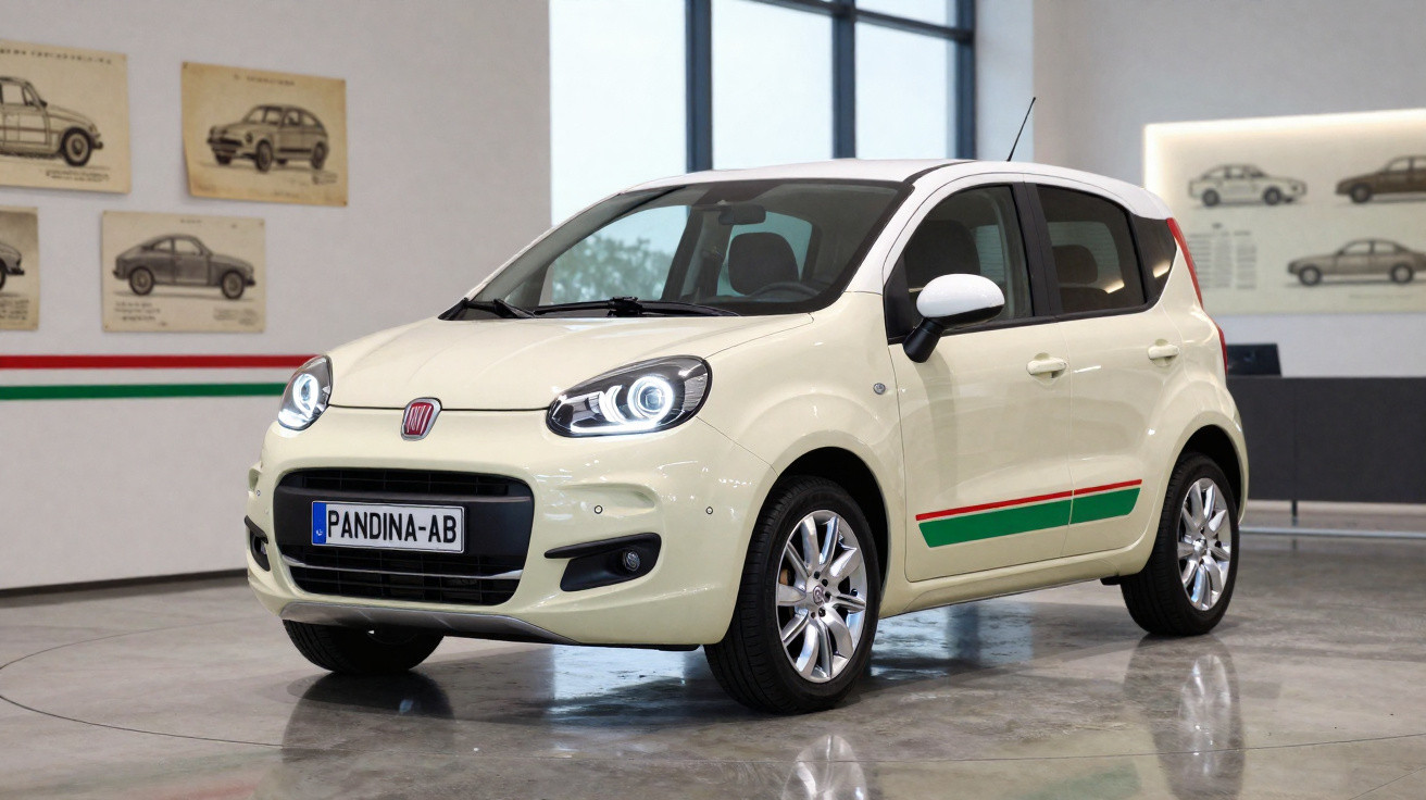White Fiat Panda car with Italian flag stripes on side, displayed indoors with vintage car sketches on walls.