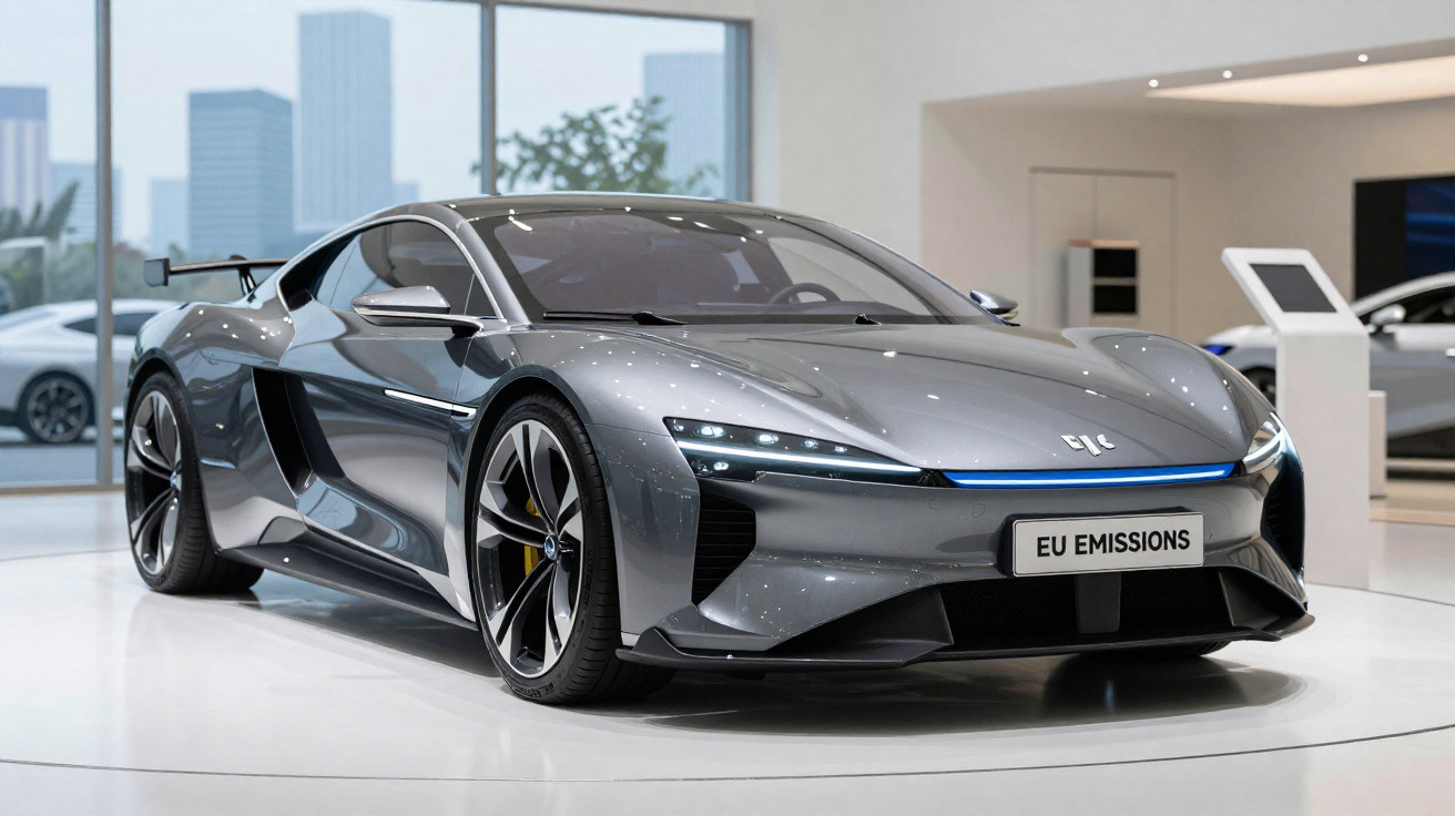 Sleek silver electric sports car on display indoors with EU emissions licence plate and city skyline backdrop.