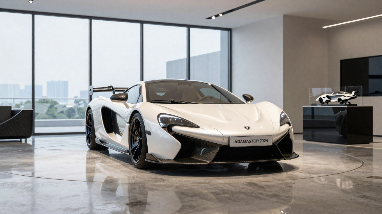 White Adamastor 2024 sports car displayed in a modern showroom with large windows and polished floors.