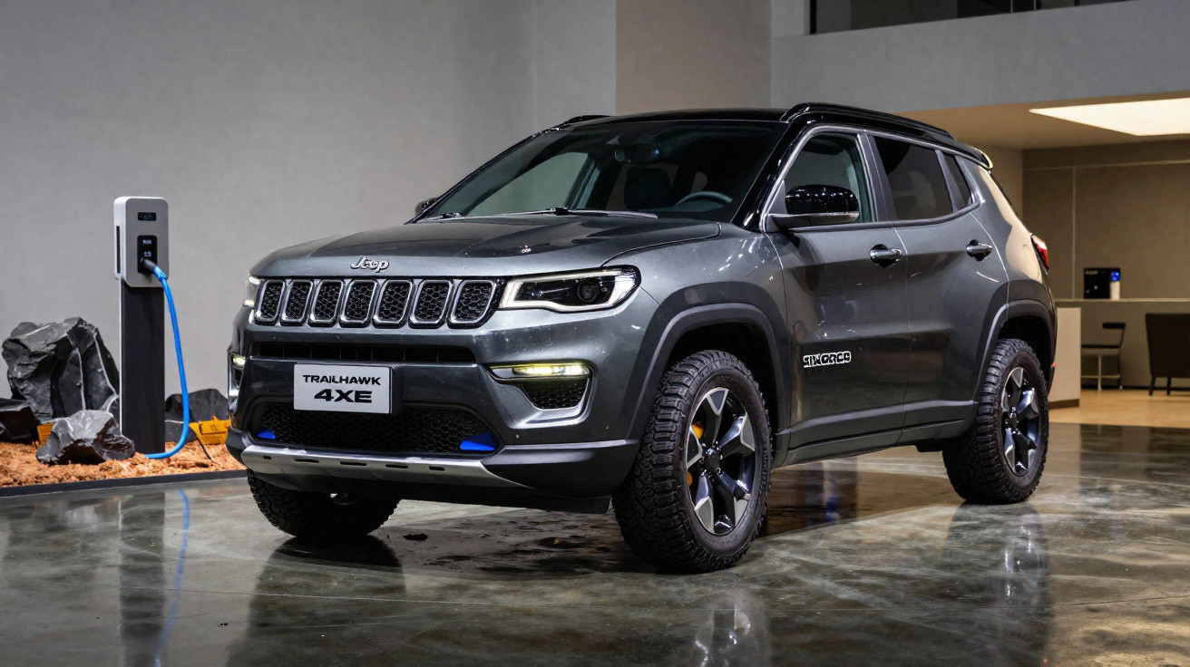 Grey Jeep Trailhawk 4XE hybrid SUV parked indoors beside an electric charging station.