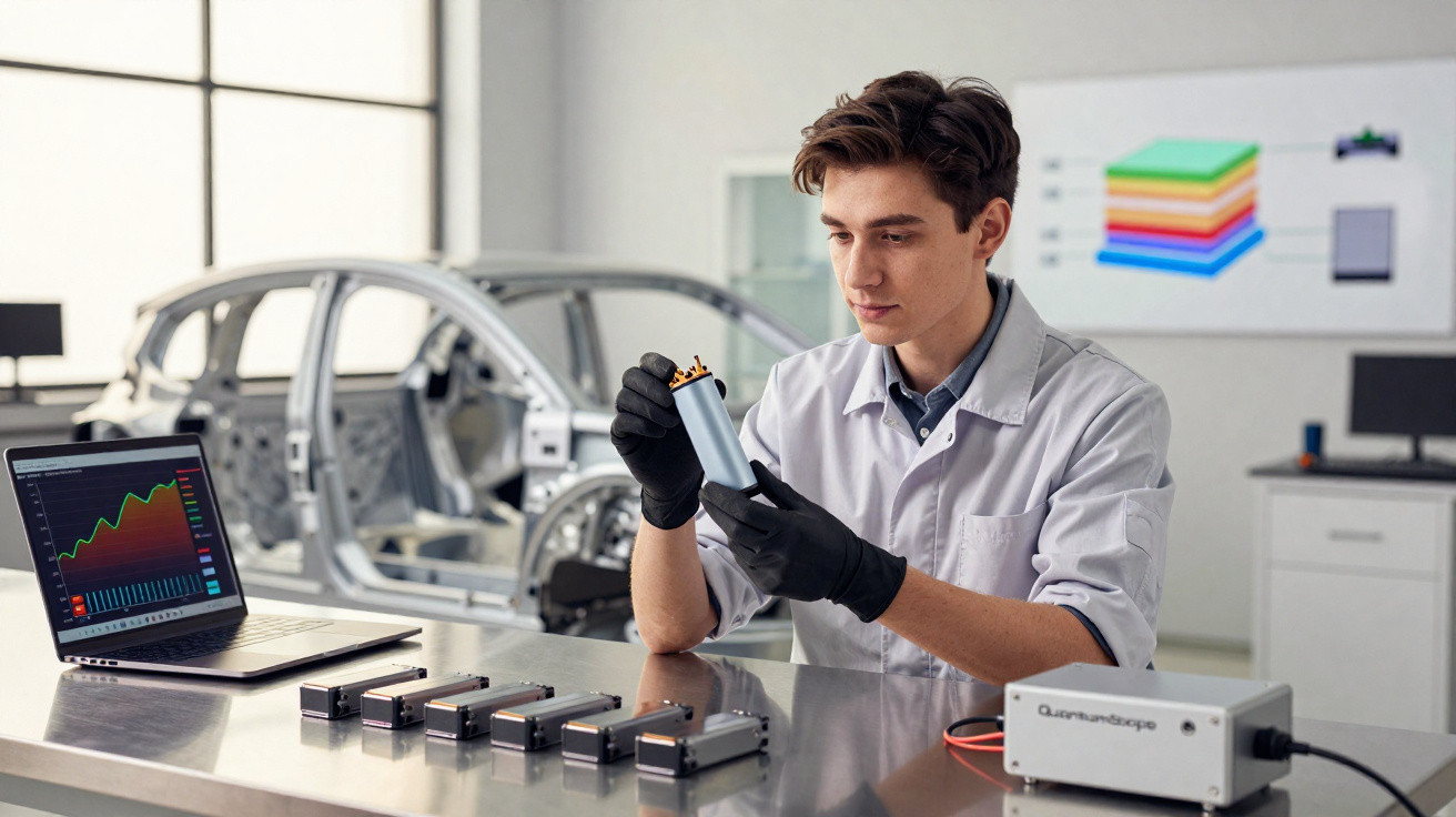 Engineer examining a battery cell at a table with multiple battery packs and a laptop displaying data graphs.