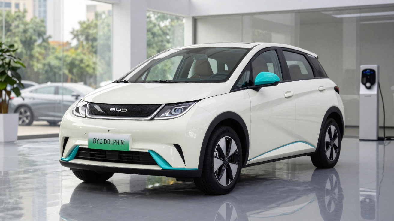 White BYD Dolphin electric car with blue accents displayed in a showroom next to a charging station