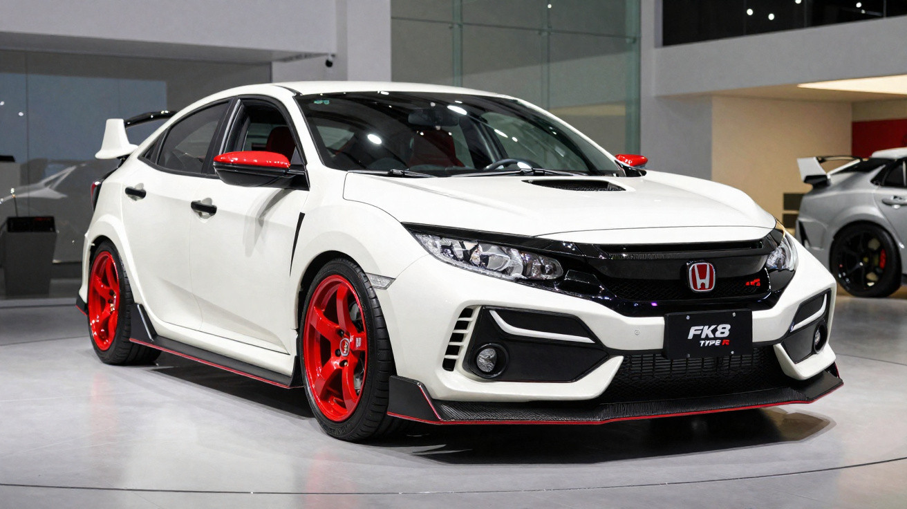 White Honda Civic Type R with red accents and wheels displayed indoors on a showroom floor.