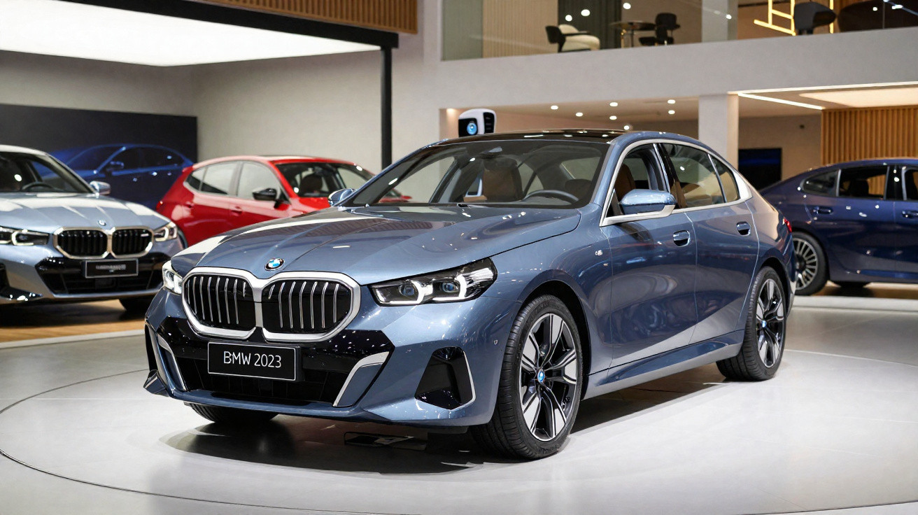 Blue 2023 BMW sedan displayed in a showroom with other BMW cars in the background.