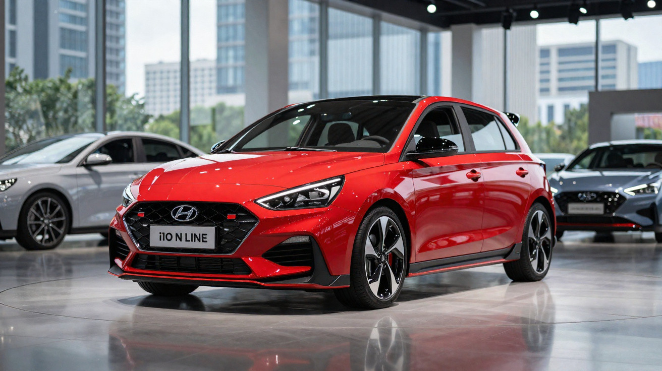 Red Hyundai i10 N Line hatchback displayed in a modern showroom with city buildings visible through large windows.
