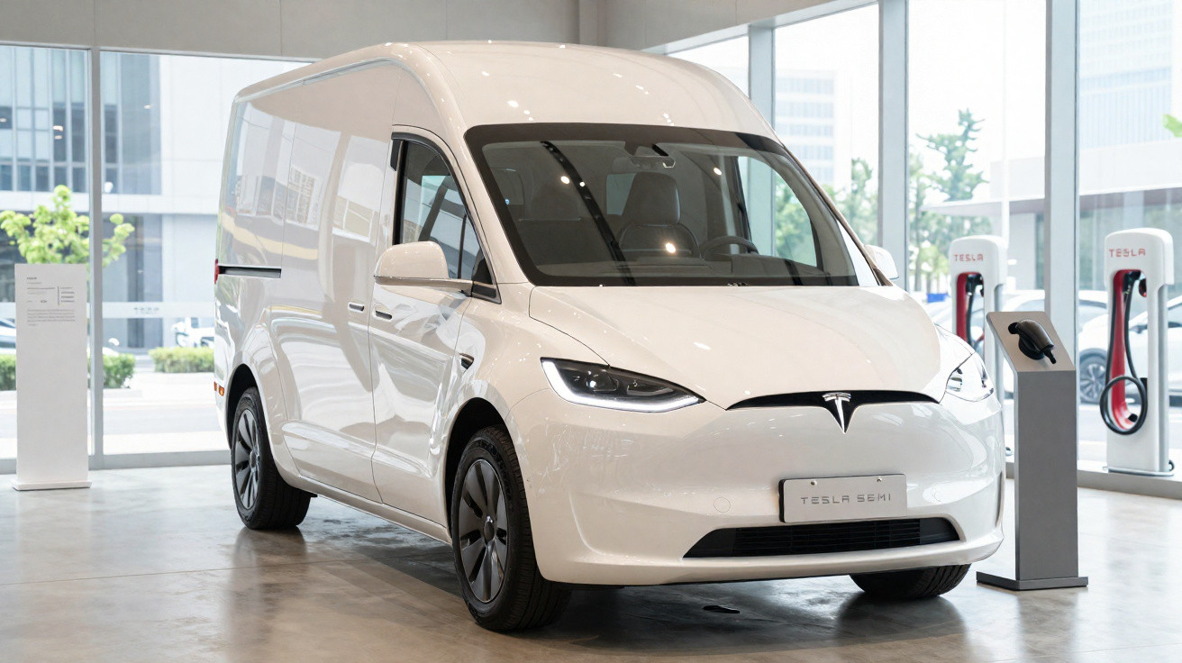 White Tesla electric delivery van displayed indoors near charging stations in a modern showroom.