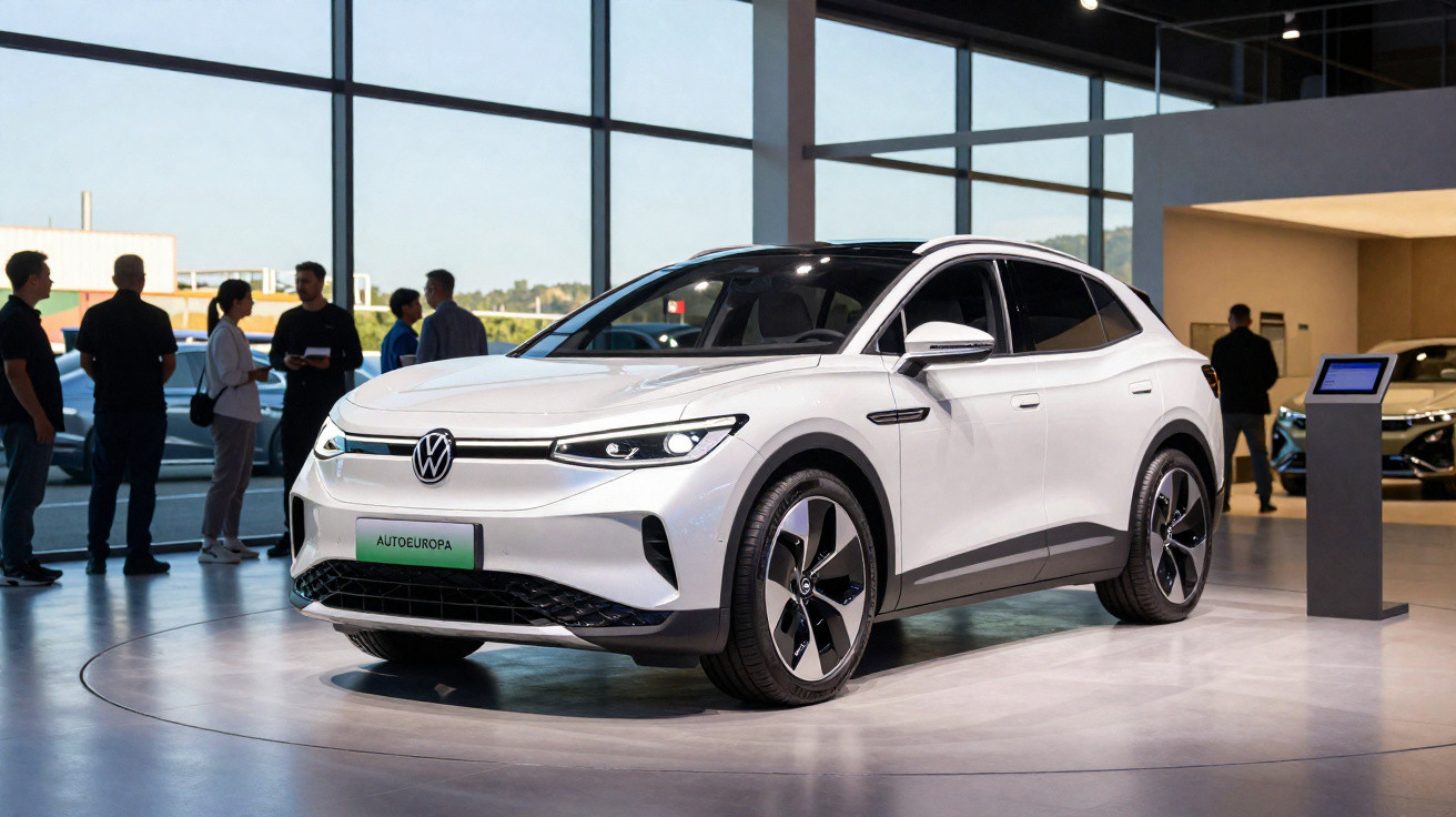White Volkswagen electric SUV displayed indoors with people in background at a car showroom event.