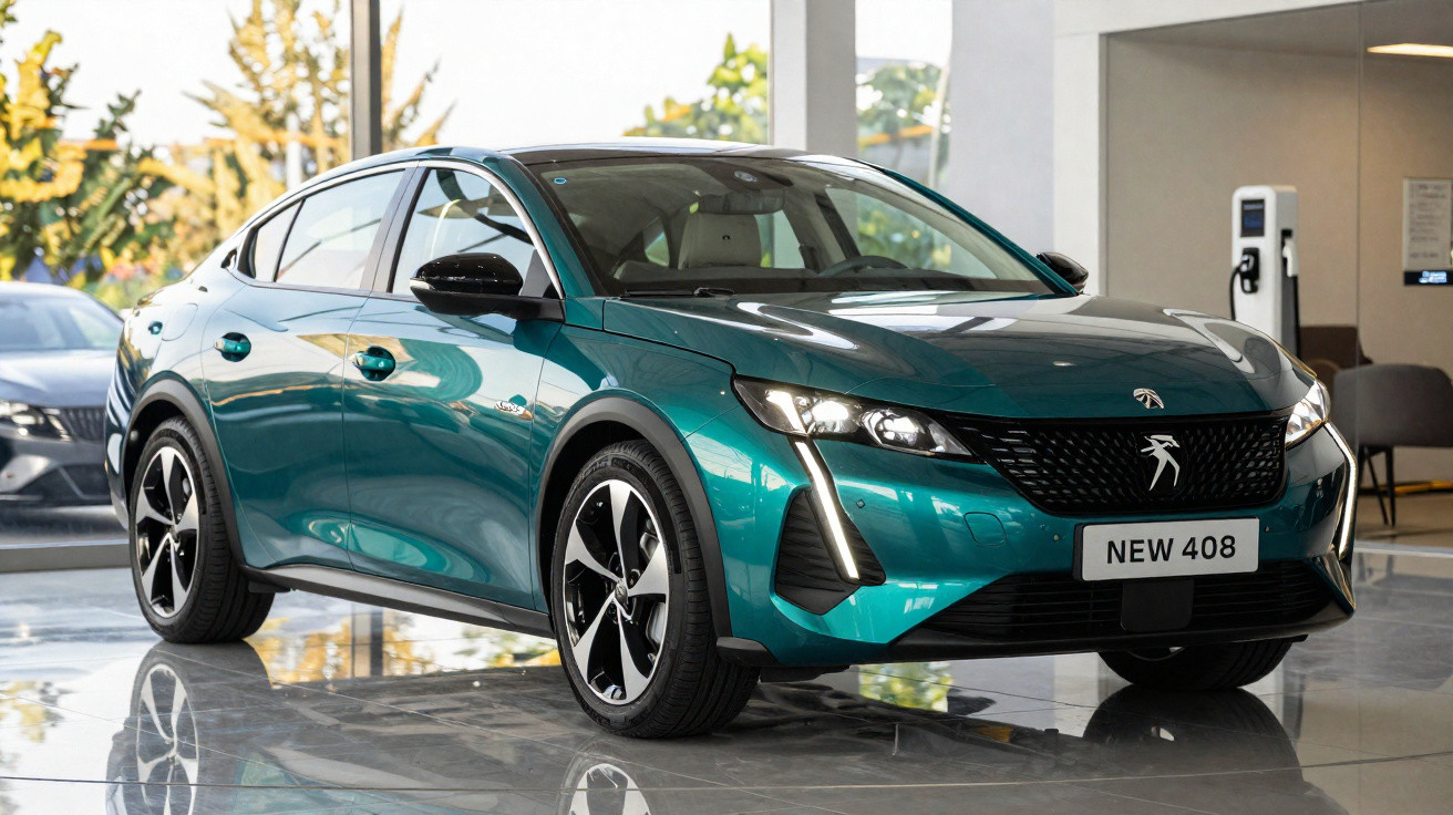 Green Peugeot New 408 car displayed indoors with glossy floor and charging station in the background.