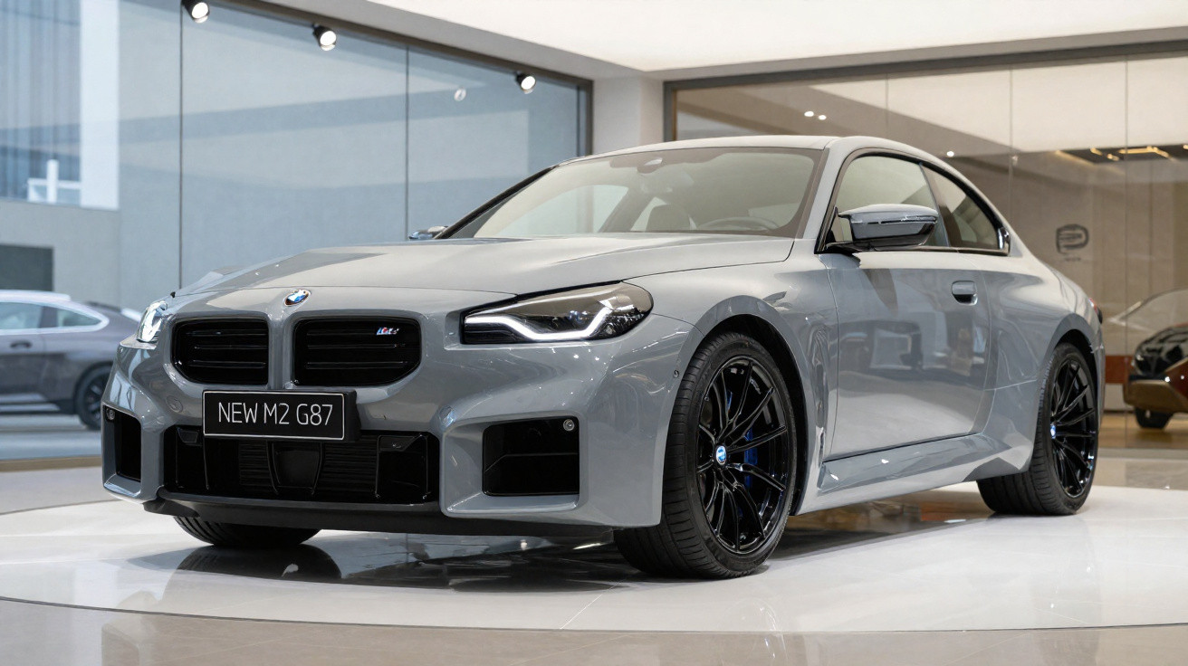 Grey BMW M2 G87 coupe displayed in a showroom with black alloy wheels and modern LED headlights.