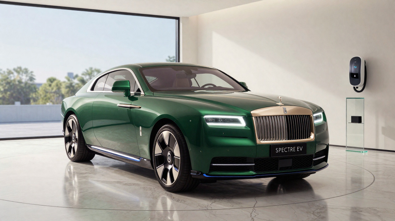 Green Rolls-Royce Spectre EV luxury coupe parked indoors beside a wall-mounted electric vehicle charger.