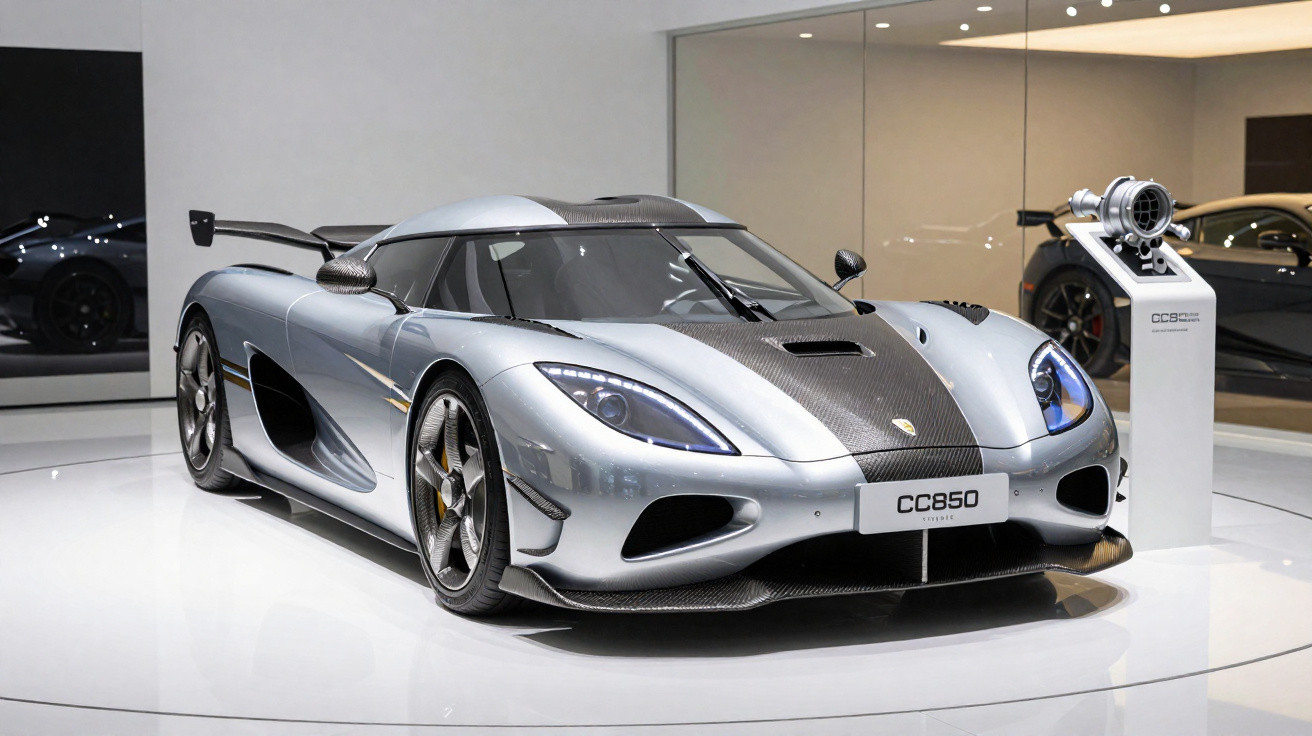 Silver Koenigsegg CC850 supercar with carbon fibre accents displayed in a modern showroom with glass walls.