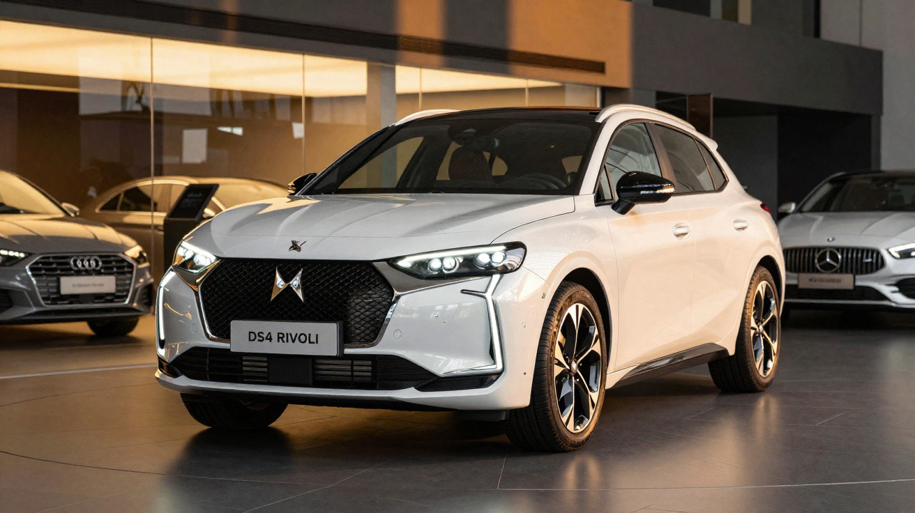 White DS4 Rivoli hatchback displayed in a modern showroom with Audi and Mercedes cars in the background.