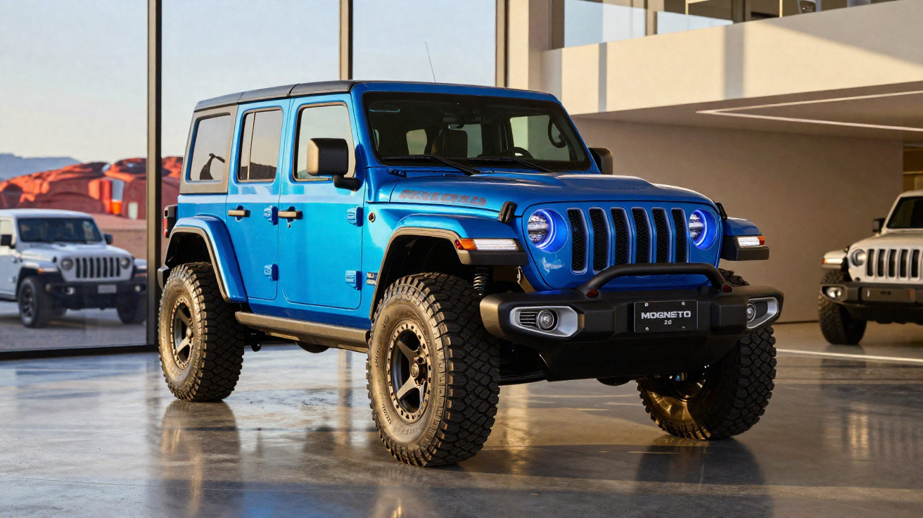 Blue four-door off-road Jeep with large tires in a modern showroom with desert landscape visible outside.