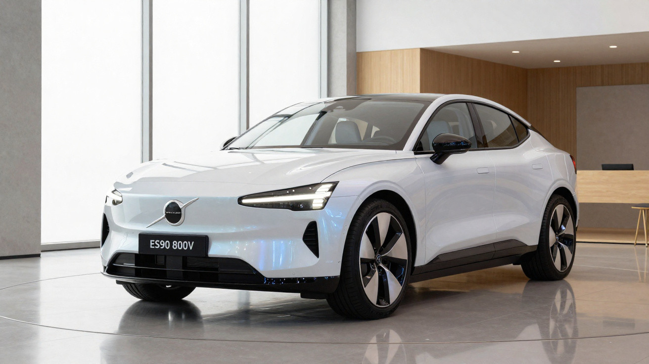 White Volvo ES90 800V electric car showcased indoors with modern interior background and large windows.