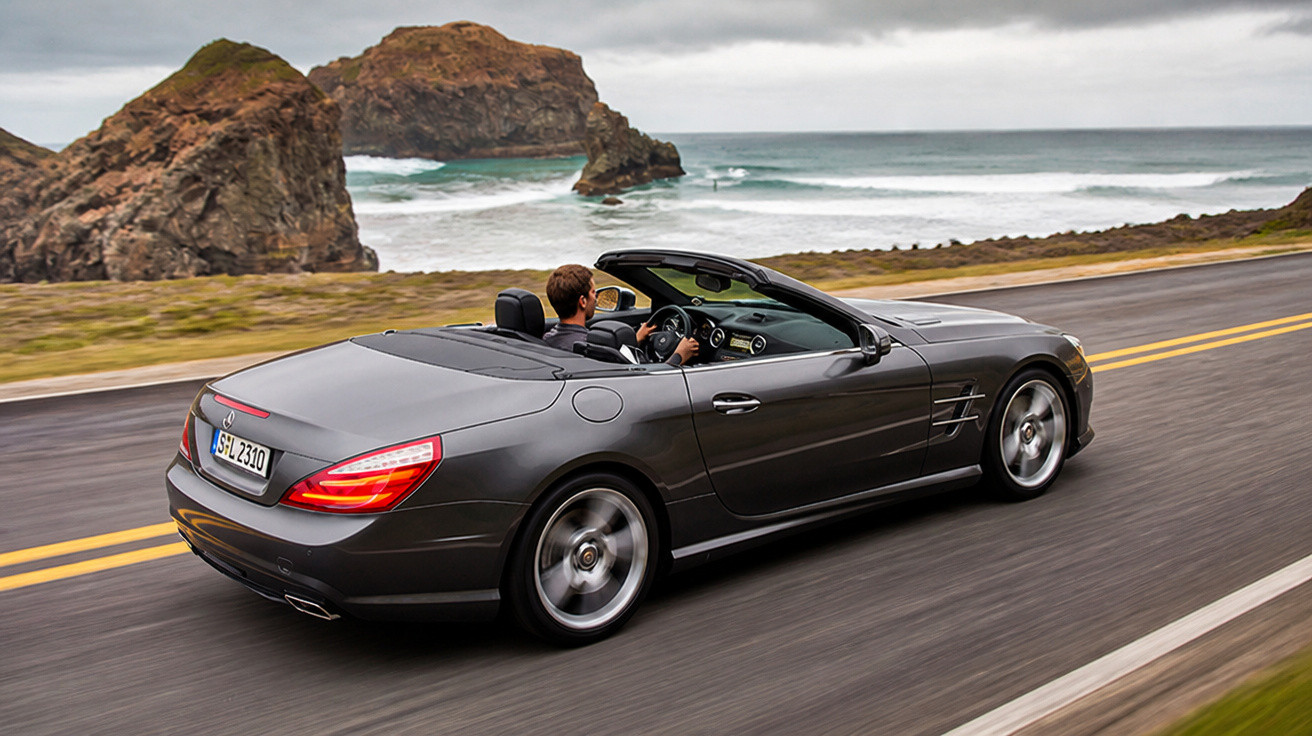Grey convertible sports car driving on coastal road with rocky cliffs and ocean in the background.