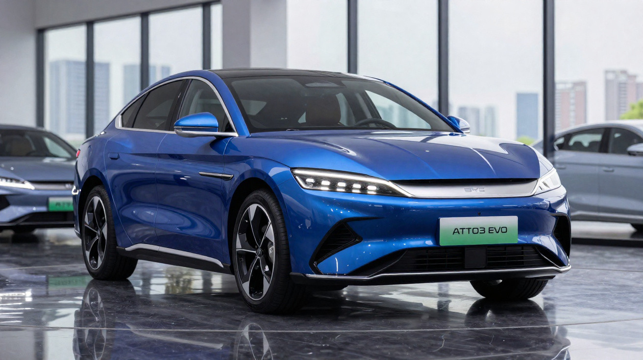 Blue BYD Atto 3 Evo electric car displayed indoors with modern cityscape visible through windows.