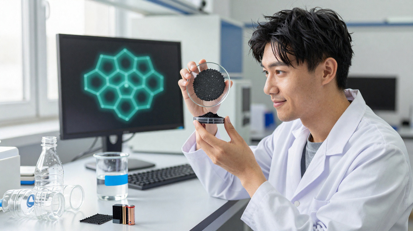 Scientist in a lab coat examining a circular sample with hexagonal pattern on computer screen in the background.