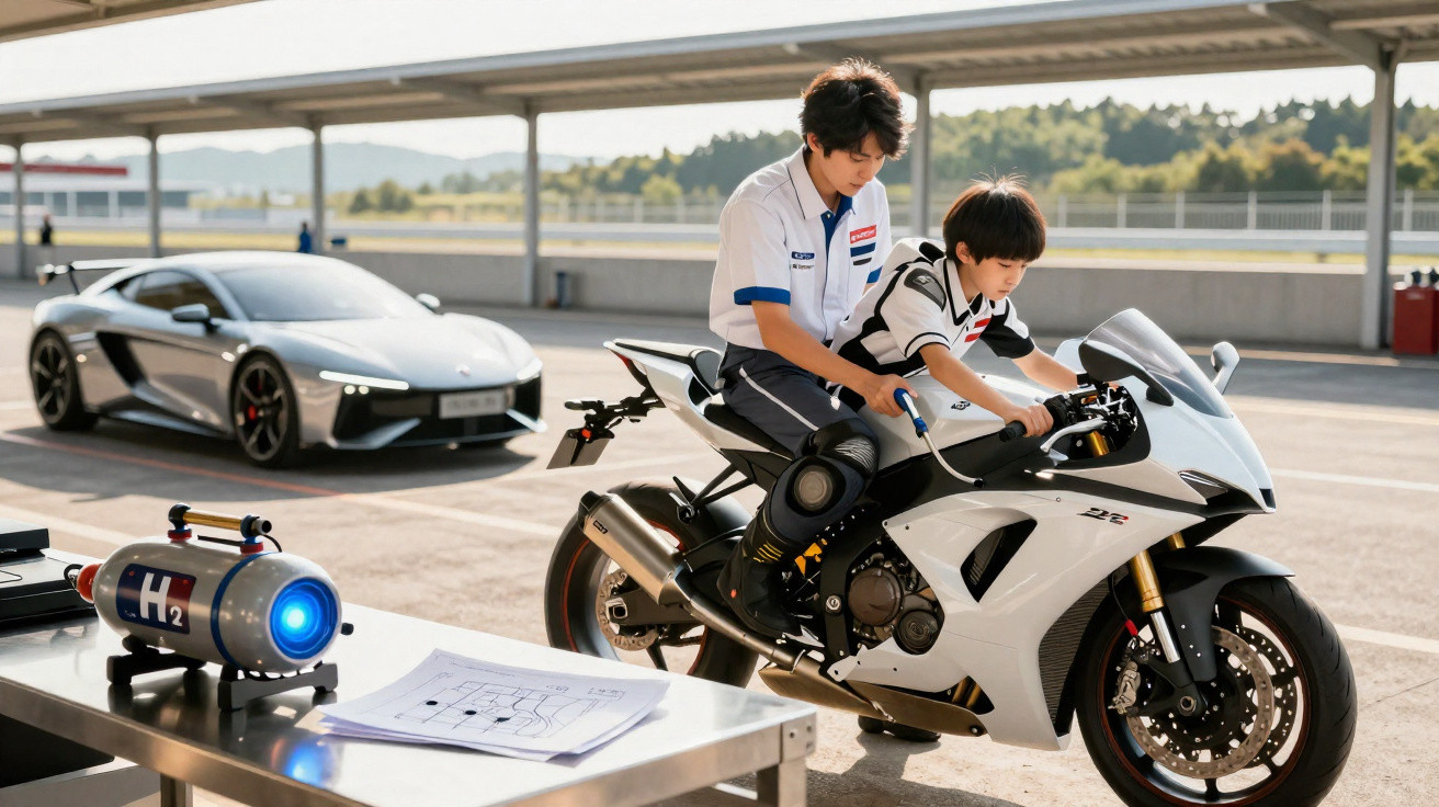 Two people on a white sports motorcycle at a racetrack, with a silver sports car and hydrogen tank nearby.