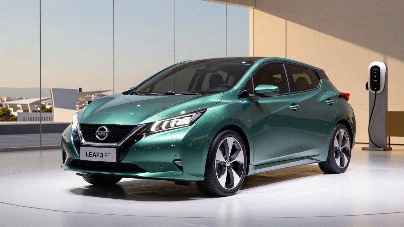 Green Nissan Leaf 3 PT electric hatchback displayed indoors near a charging station.